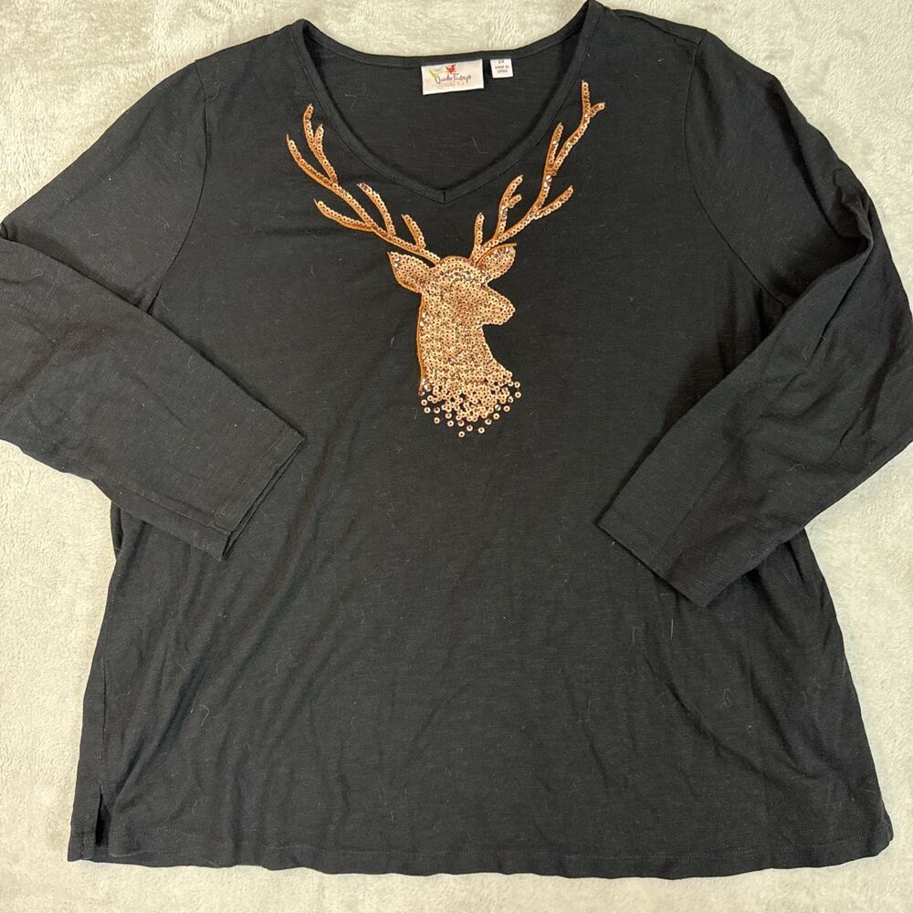 Quacker Factory Christmas Gold Sequined Reindeer Pullover Sweater Black Sz 2X